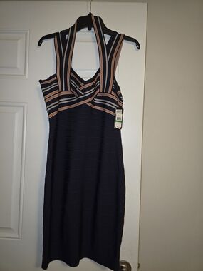 Guess Navy Midi Dress with Cream and Tan Stripes